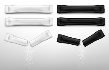 Sugar sticks for coffee in white and black packs. Vector realistic mockup of blank paper sachet with sugar or salt front and back view. Torn packet with falling white granules - obrazy, fototapety, plakaty