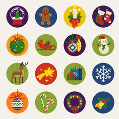 Fototapeta na wymiar Christmas round icons, vector. Collection of quality flat design Xmas holidays items such as Santa's sleigh, gifts, gingerbread man, deer, holly tree leaves, snowman, wreath, garland, mistletoe, etc.