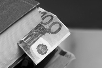 Hundred Euro and business background, black and white image