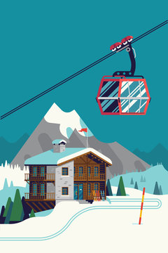 High quality vector ski resort mountain landscape with lodge and aerial tramway or cable car gondola. Winter sports vacation destination concept