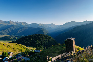 landscape view over village in the historical region of Tusheti, Georgia