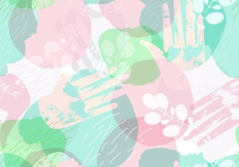 Seamless pattern of human hands and branches with leaves on the background of multicolored circles.