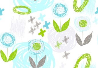 Seamless pattern of silhouettes of leaves surrounded by lines, crosses and blots on a white background.
