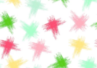 Seamless abstract pattern of multicolored crosses on a white background.