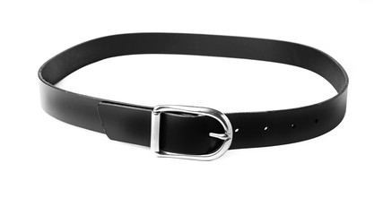 Simple black leather belt on a white background.