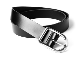 Simple black leather belt on a white background.
