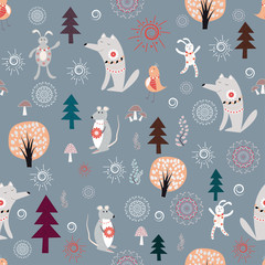 Seamless pattern with cute animals, vector illustration
