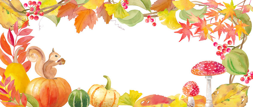 ハロウィンかぼちゃとリスの飾りフレーム。秋のイメージの水彩イラスト（白背景）