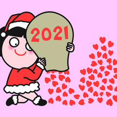 Cute Girl In Santy Dress Flowing Red Heart From 2021 Bag Concept Card Character illustration