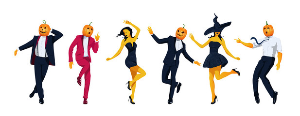 Elegantly dressed in evening dress, pumpkin jack o lantern and adorable witches dance in variable poses. All Saints Eve concept banner. Dancing young people header. Vector flat design illustration.