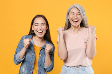 Happy joyful family two asian women girls gray-haired mother and brunette daughter in casual...