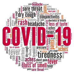 Covid-19 symptoms vector illustration word cloud isolated on a white background.