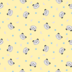 Seamless childish pattern with cute animal faces, moons and stars. Vector illustration. Perfect for fabric, wrapping papers, parties, children bedroom design.