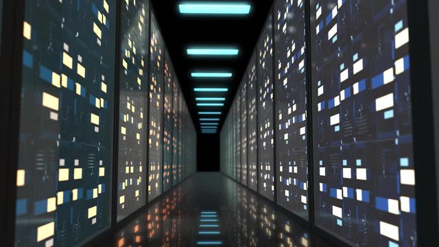 Network And Data Servers, High quality animation of camera moving through the server room.