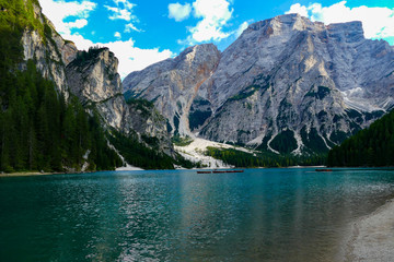 reflection of mountains in lake Brais, Dolomites