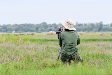 Woman wildlife photographer with camera, telephoto lens, gimbal head and tripod