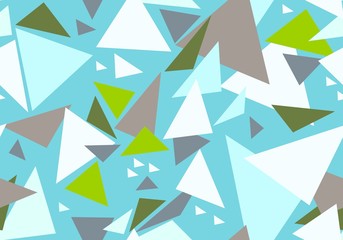 Seamless abstract pattern of multicolored triangles on a blue background.