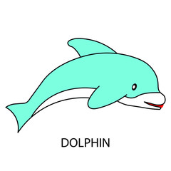 Cute blue dolphin smiles Isolated on a white background. Sea animal symbol of kindness in the world of fish. Swimming, surfing, swimming school. Vector illustration with sea animal in flat style.