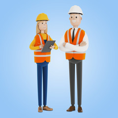 Quality control, production inspection. A civil engineer tells a female inspector about the work done. 3D illustration in cartoon style.