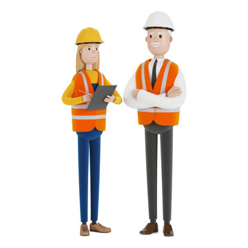 Quality control, production inspection. A civil engineer tells a female inspector about the work done. 3D illustration in cartoon style.