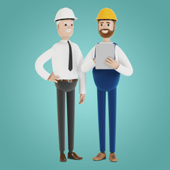 Two engineers in hard hats discuss a project using a tablet. 3D illustration in cartoon style.