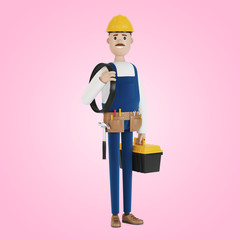 Electrician construction worker with tools and with a wire 3D illustration in cartoon style.