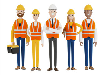 Industrial workers. A team of builders wearing safety vests and hard hats. 3D illustration in cartoon style.