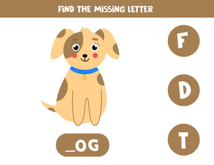 Find missing letter and write it down. Cute cartoon dog.