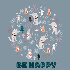 Card with cute animals, be happy, vector illustration
