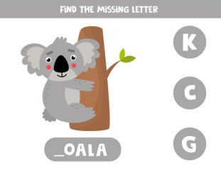 Find missing letter and write it down. Cute cartoon koala.