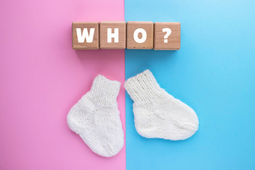 WHO text on wood cubes and pair of cute knitted socks on pink-blue background. Gender of the baby. Boy or girl. Waiting foa a child. Newborn concept.