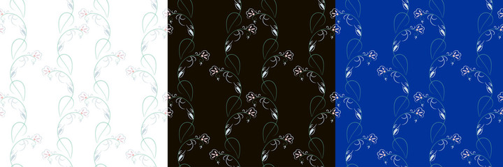Vector seamless floral pattern with three background options. Imitation of pastel technique, decorative leaves, small flowers and curls on a white, black and blue background. Print for fabric design.