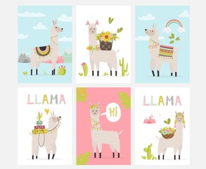 Card design with cute llama and cactus. Vector illustration for cards, invitations, print, apparel, nursery decoration.