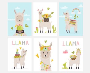 Card design with cute llama. Vector illustration for cards, invitations, print, apparel, nursery decoration.