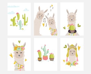 Card design with with cute llamas and cactus. Vector illustration for cards, invitations, print, apparel, nursery decoration. © Jango_art