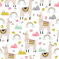 Seamless vector pattern with llamas and alpaca, flowers, mountains, rainbow. Illustration for children textile design.