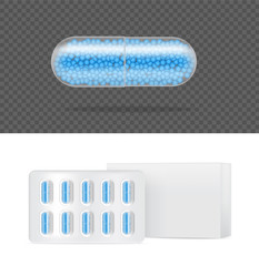 Mock up Realistic Transparent Pill Medicine Capsule Panel with box on White Background Vector Illustration. Tablets Medical and Health Concept.