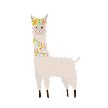 Cute llama with decorative elements and flower wreath. Vector illustration for cards, invitations, print, apparel, nursery decoration.
