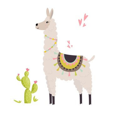 Cute llama with decorative elements and cactus. Vector illustration for cards, invitations, print, apparel, nursery decoration.