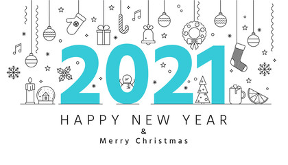 Vector illustration with big 2021 letters and line Christmas icons. New Year & Merry Christmas greeting card or bussiness banner
