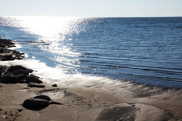 sandy beach of the Gulf of Finland, the water is flooded with sunlight, glare on the water, stones...