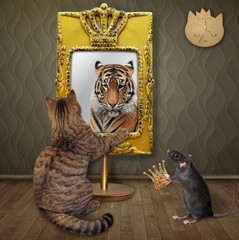 A beige cat stares his reflection in a mirror at home. He sees a tiger there. A rat gives a gold crown to him.