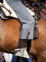 Pierna de jinete vestido a la vaquera en el estribo de su caballo marrón.
