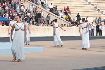 Athens, Greece - April 27, 2016: Olympic flame handover ceremony at the Panathenaic stadium in...