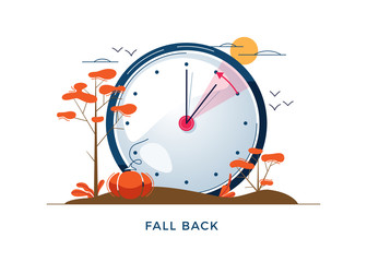 Daylight Saving Time concept. Autumn landscape with text Fall Back, the hand of the clocks turning to winter time. DST in Northern Hemisphere, USA time, vector illustration in modern flat style design - 373970027