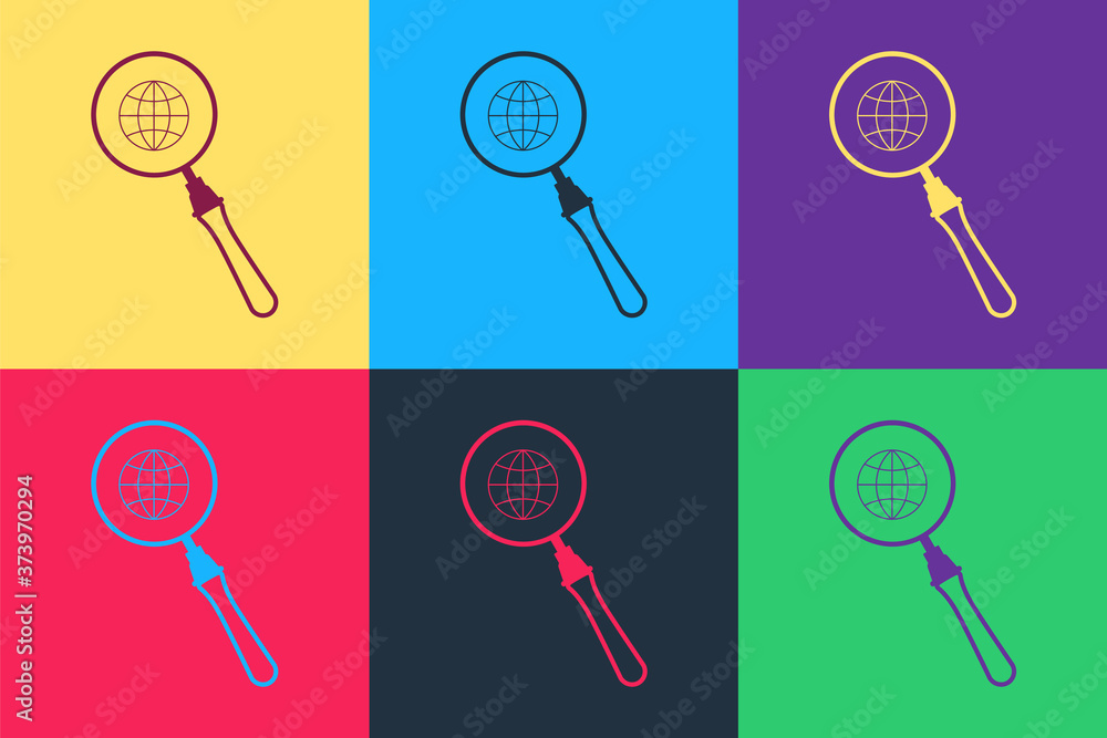 Poster pop art magnifying glass with globe icon isolated on color background. analyzing the world. global s