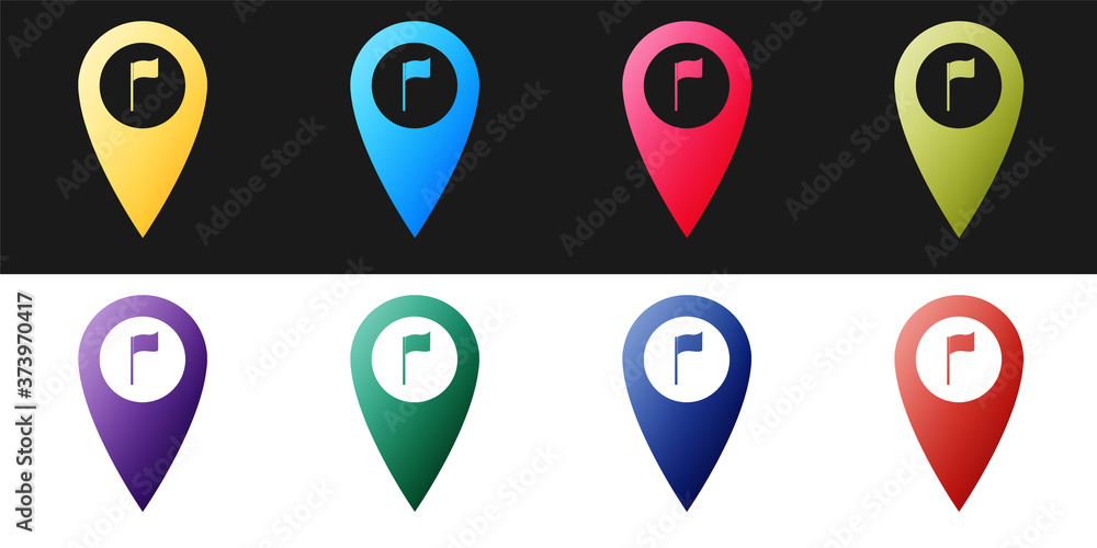 Poster set map pointer with golf flag icon isolated on black and white background. location marker symbol. 