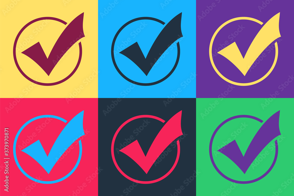 Poster pop art check mark in round icon isolated on color background. check list button sign. vector.