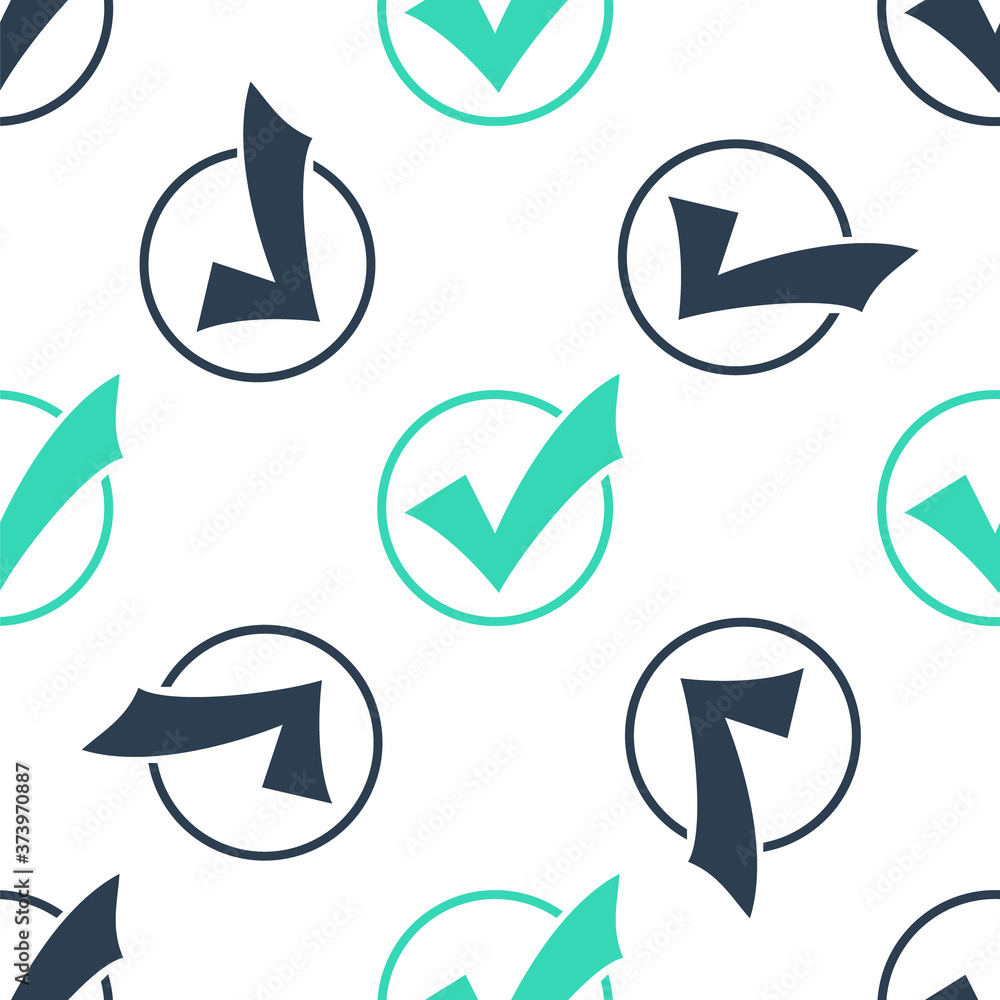 Poster green check mark in round icon isolated seamless pattern on white background. check list button sign