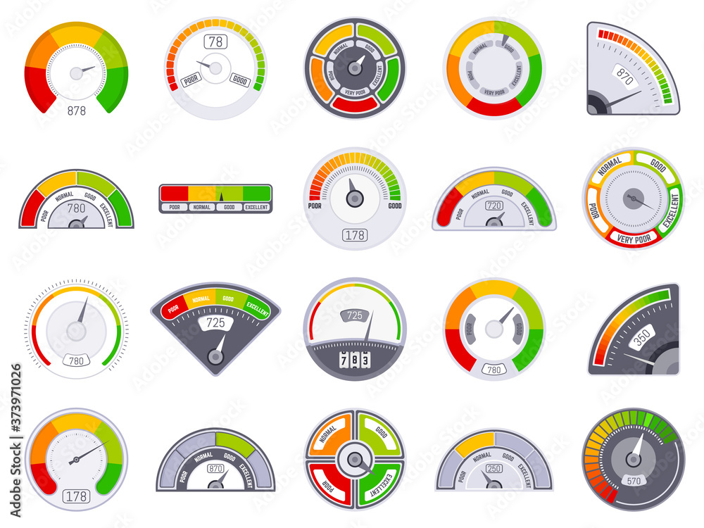 Poster speedometer score level. good and low rating indication, goods speedometer level, satisfaction score